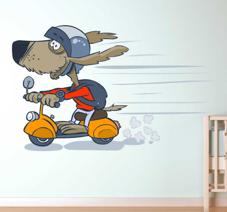 TenStickers. Autocolante intantil caozinho na scooter. Autocolante infantil com um simpático cãozinho a andar de scooter. Ideal para a decoração do quarto infantil.