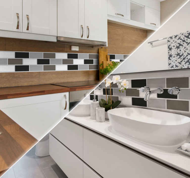 TenStickers. Autocolantes azulejos WC. Autocolante decorativo ornamentado com azulejos de tons brancos, pretos e cinzentos.  Friso decorativo em forma de azulejo.