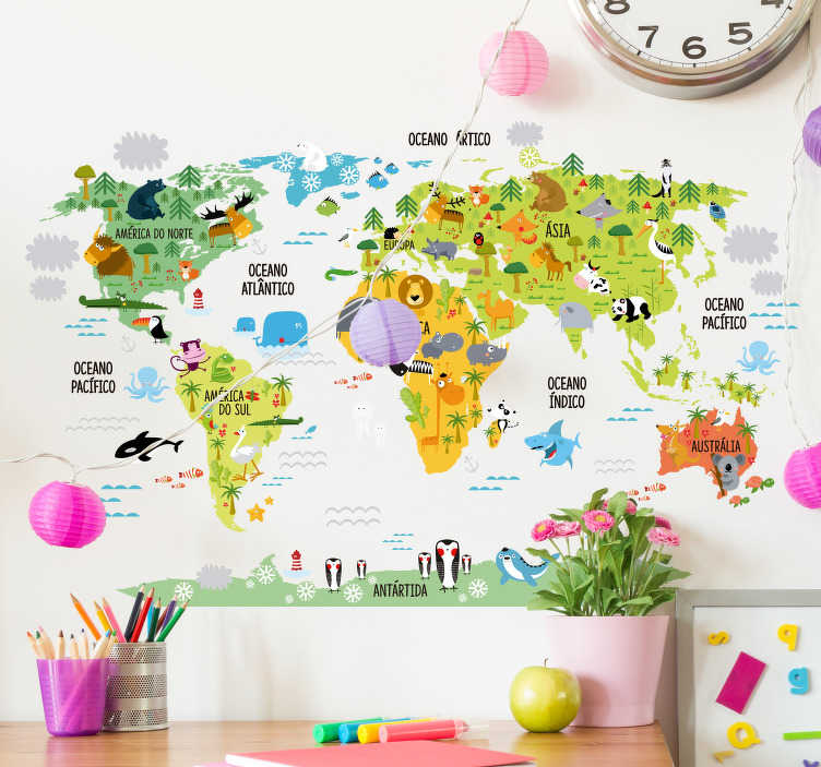 TenStickers. Vinil autocolante mapa mundo. Temos para si este vinil autocolante com a ilustração do mundo para os mais pequenos desde cedo saberem onde estão no mundo.
