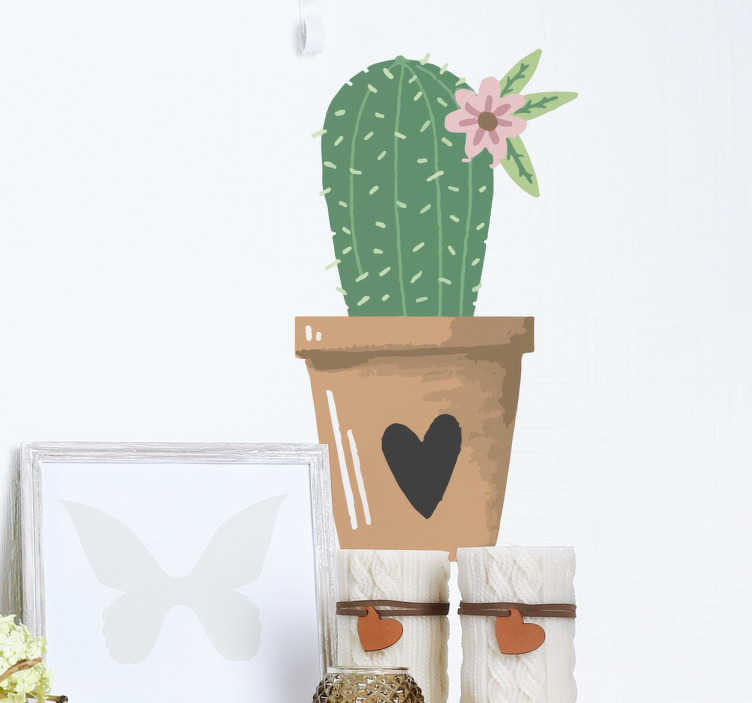 TenStickers. Vinil decorativo cactus coração. Vinil decorativo de uma ilustração de um cactus num vaso com um símbolo do coração. Se cactus são a tua planta favorita, este sticker é ideal.