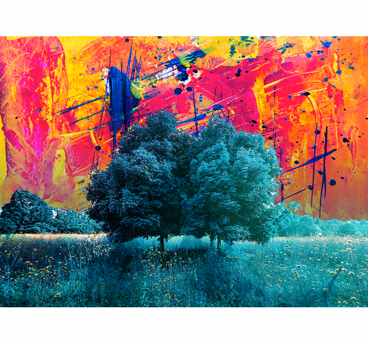 Estore de rolo para sala paisagem colorida com árvores - TenStickers