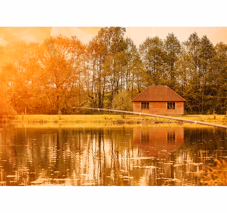 Estore de rolo para sala casas marrons à beira do lago - TenStickers