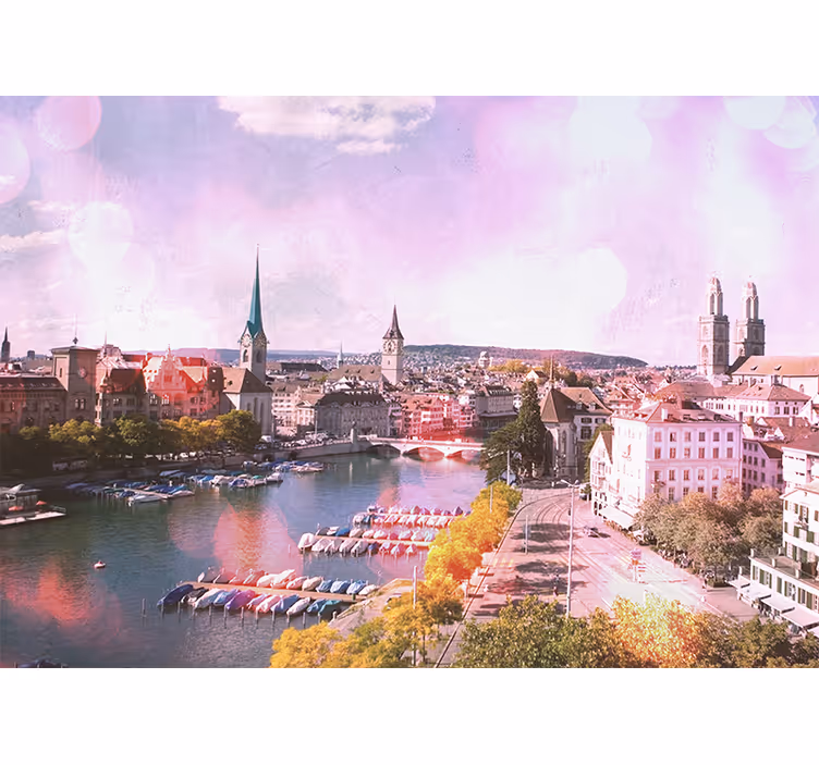 Estore de rolo para sala vista das casas e lago de zurique - TenStickers