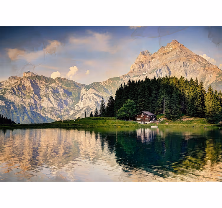 Estore de rolo para sala casa à beira do lago com montanhas - TenStickers