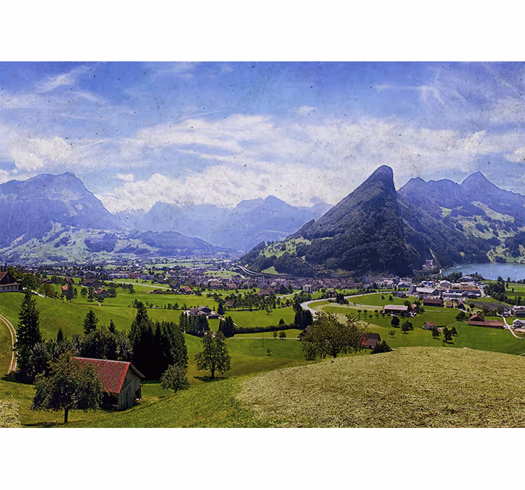 Estore de rolo para sala casas em campo verde com montanhas - TenStickers