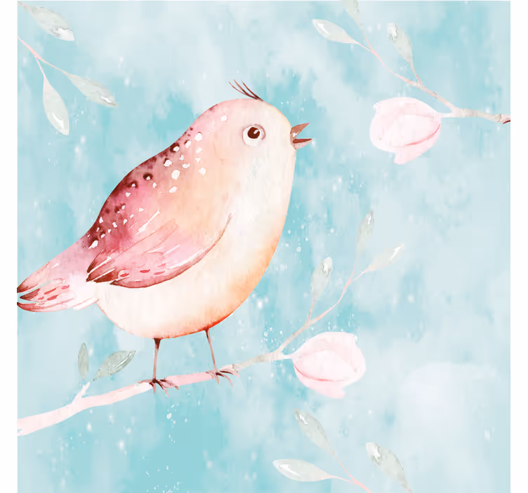 Estore de rolo para sala pássaro pintado com flores brancas - TenStickers