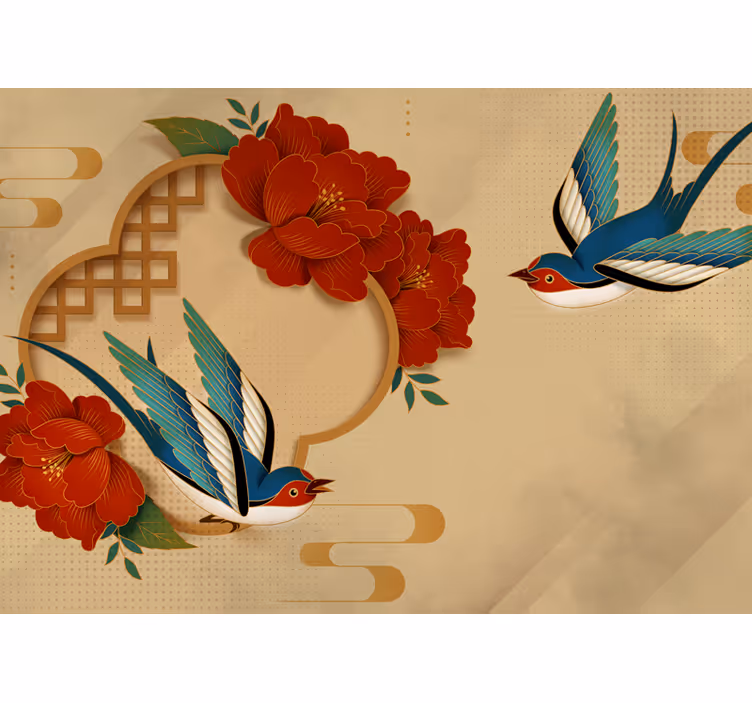 Estore de rolo bege pássaros e flores 3d - TenStickers