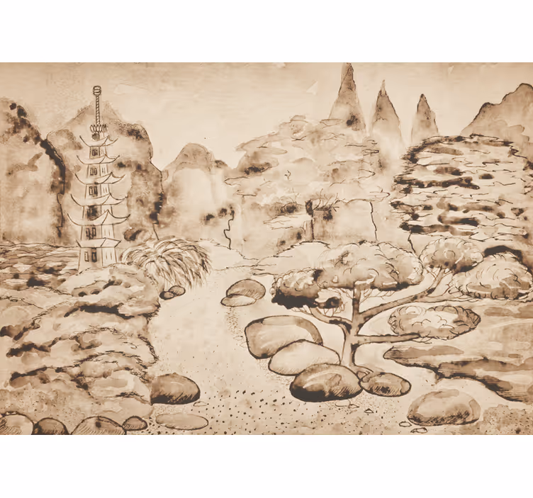 Estore de rolo bege estilo japandi jardim japonês - TenStickers