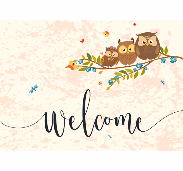 Estore de rolo infantil com 3 corujas e texto de boas-vindas - TenStickers