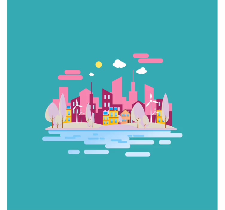 Estore de rolo infantil cidade rosa com mar - TenStickers