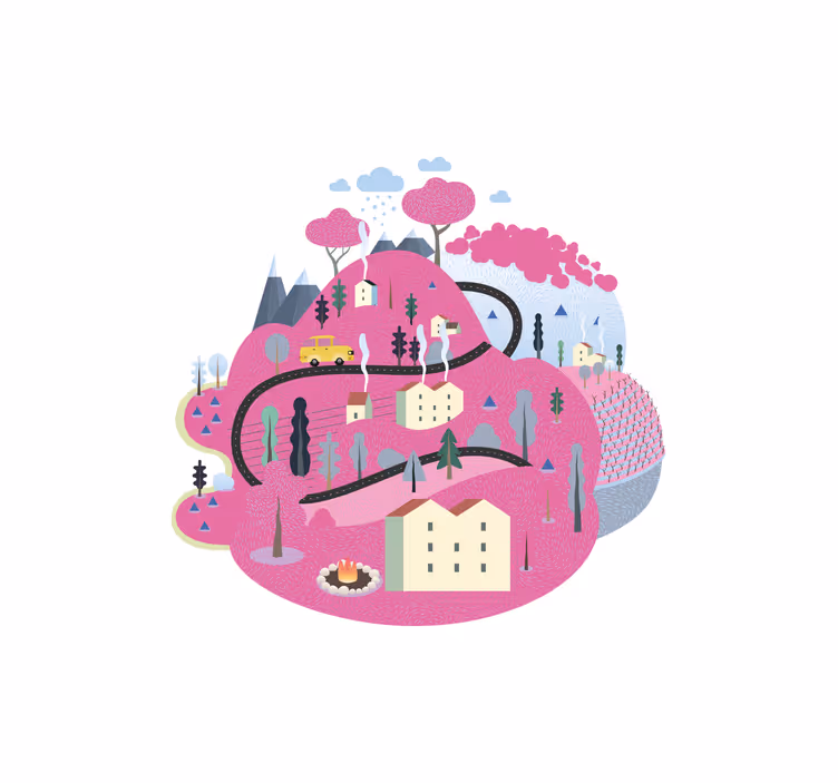 Estore de rolo infantil montanhas rosas com casas - TenStickers