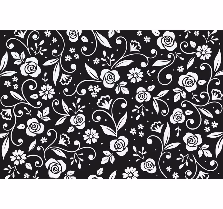 Estore de rolo preto padrão abstrato de flores brancas - TenStickers