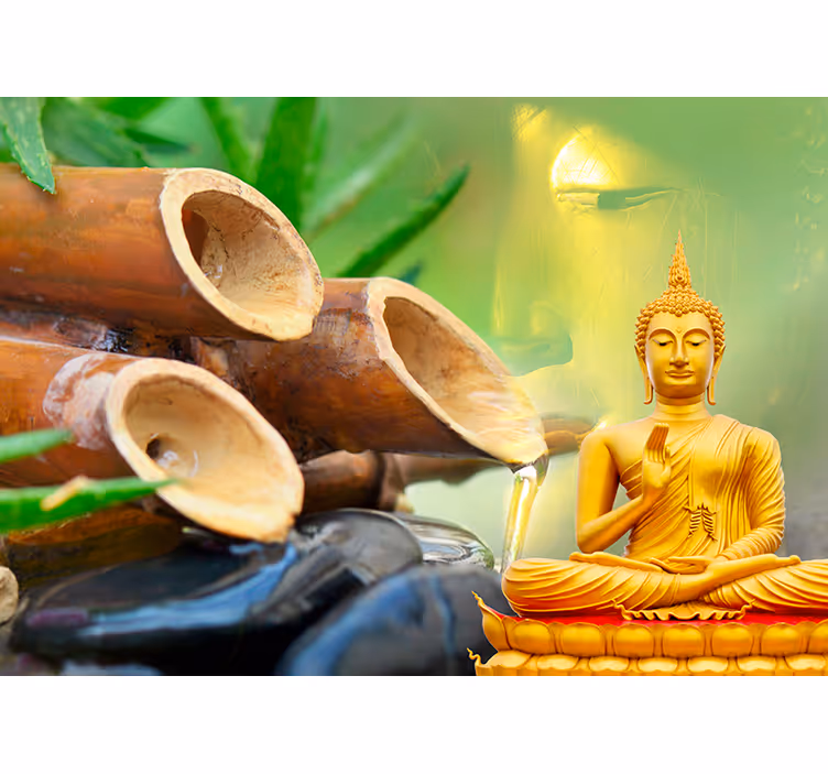 Estore de rolo zen fotomural buda dourado com bambu - TenStickers