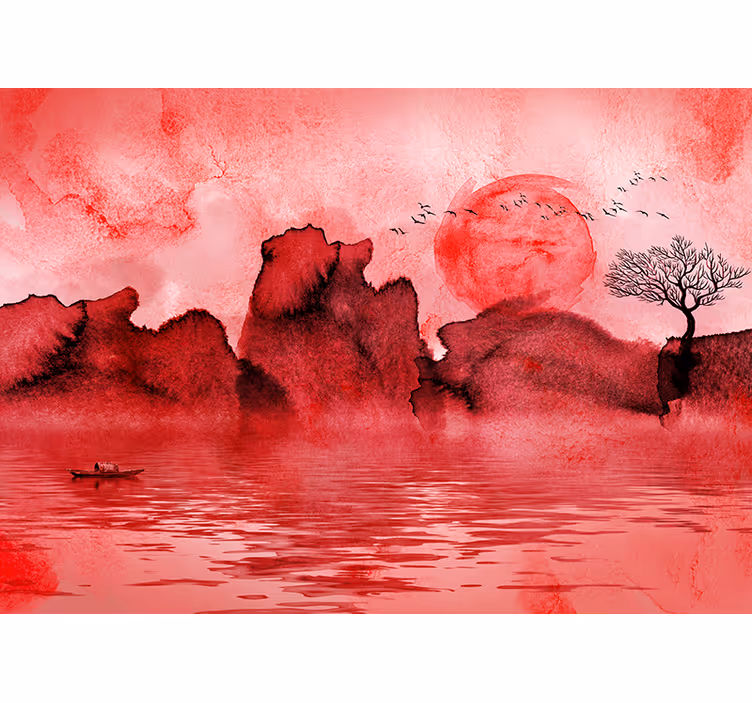 Estore de rolo vermelho paisagem em tinta chinesa - TenStickers