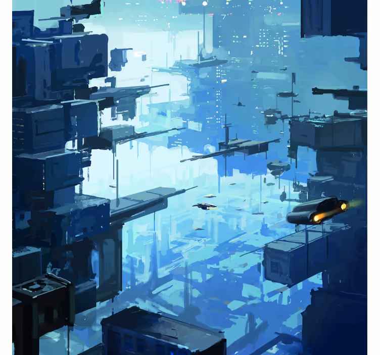 Mural de parede azul cidade futurista com naves - TenStickers