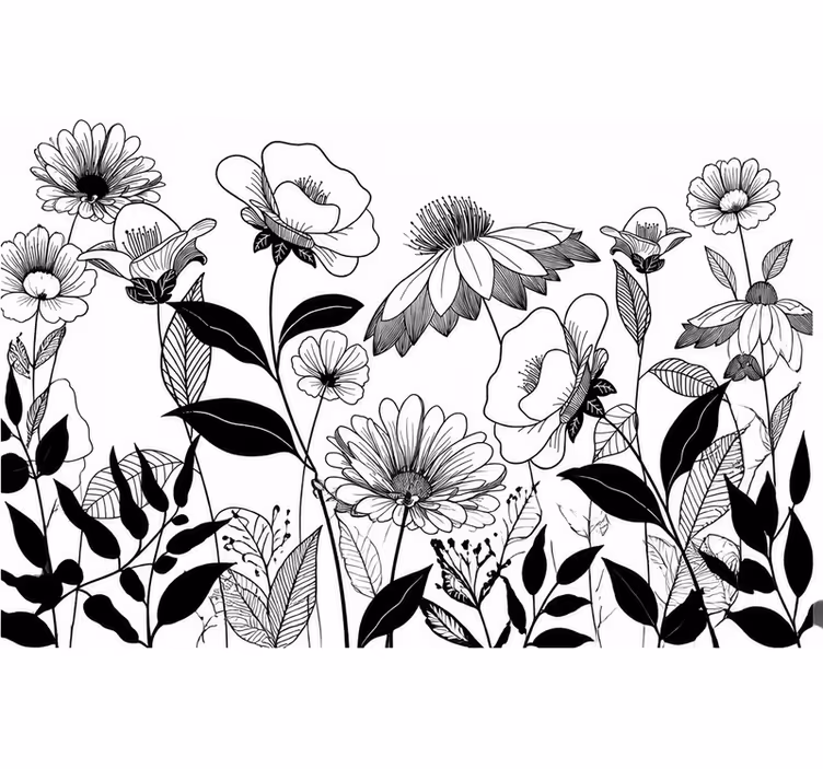 Mural de parede flores preto e branco - TenStickers