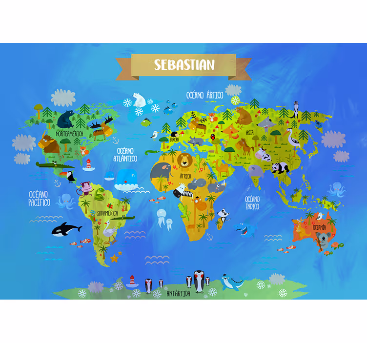 Mural de parede mapa mundial Mapa mundi com animais - TenStickers