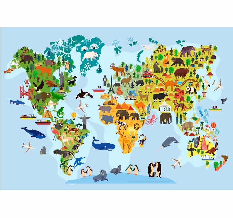 Mapa mundial infantil com monumentos e animais - TenStickers