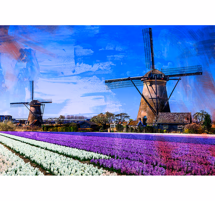 Fotomurais cidades e países campo de tulipas e moinhos - TenStickers