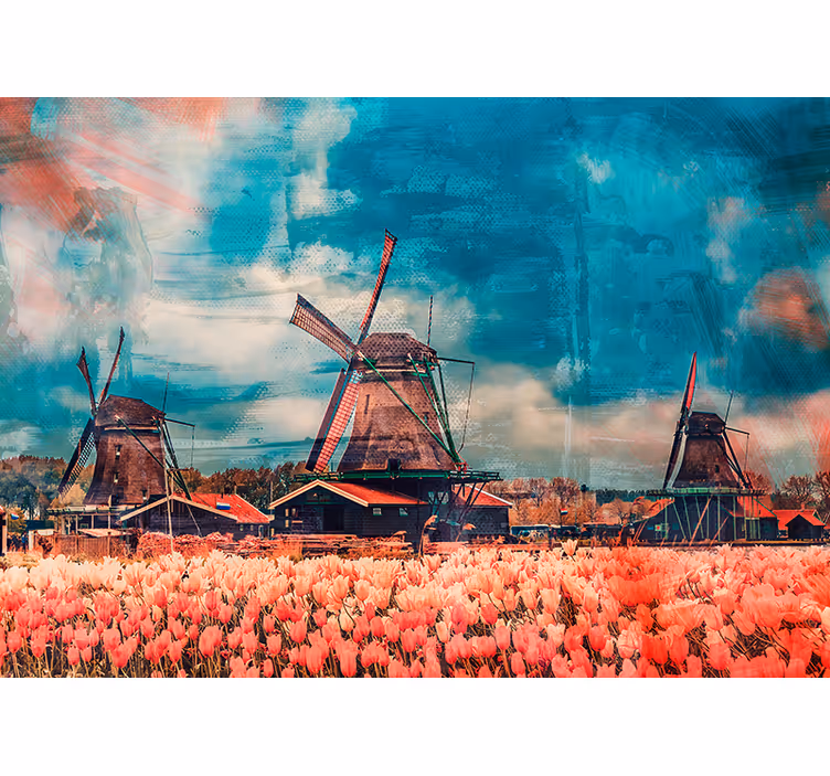 Fotomurais cidades e países campos de tulipas e moinhos - TenStickers