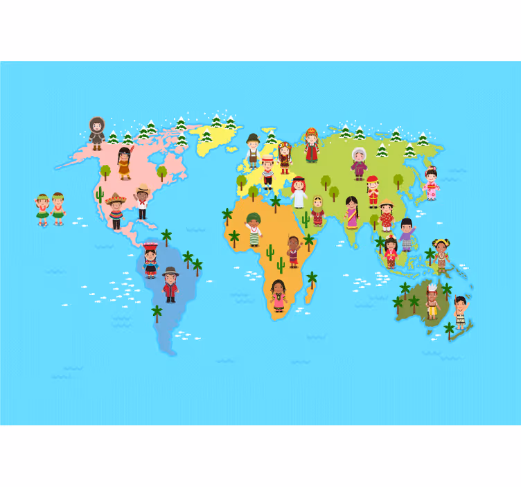 fotomural de mapa mundial de personagens infantis - TenStickers