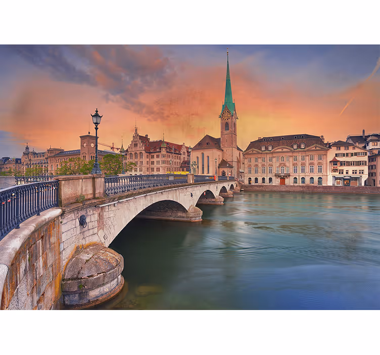 Fotomurais cidades e países pôr do sol na ponte de zurique - TenStickers