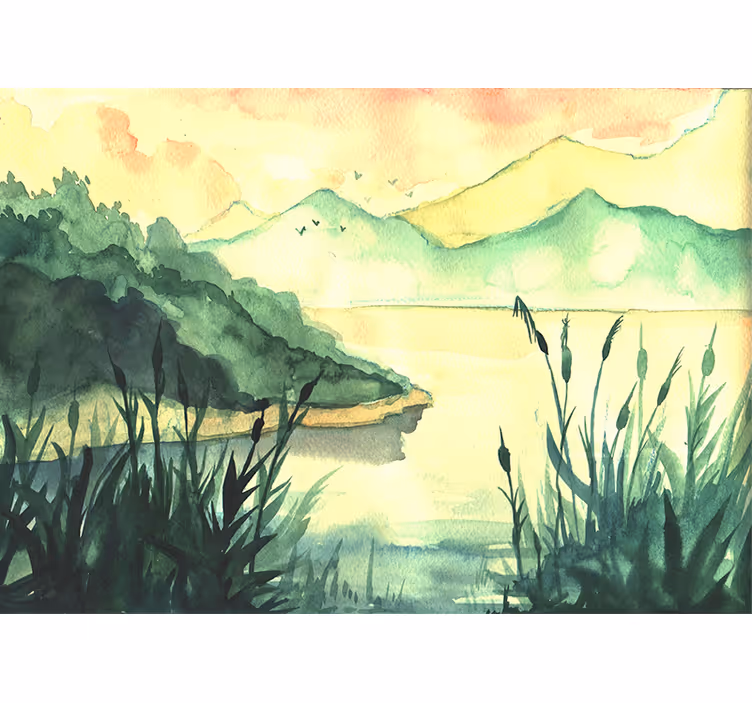 Mural de parede lagos paisagem serena desenhada à mão - TenStickers