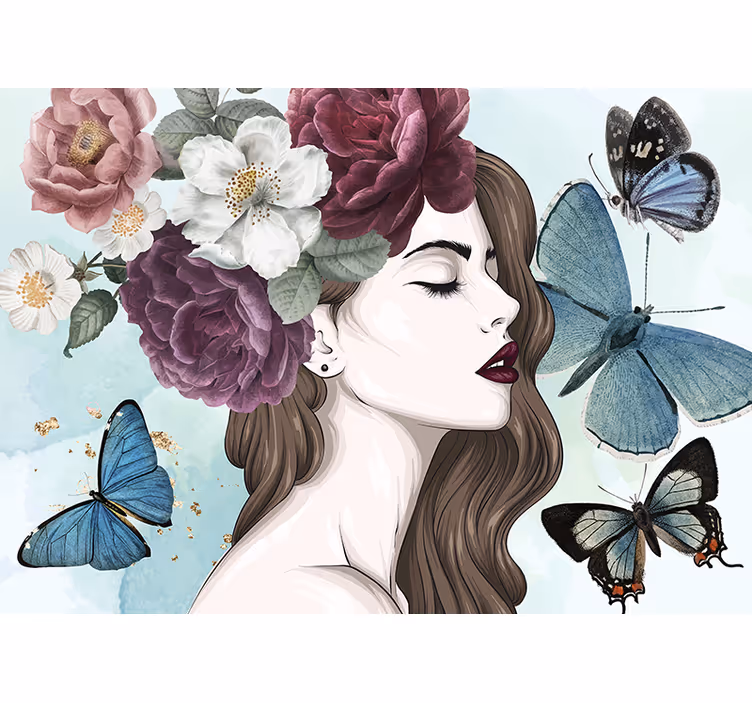 Fotomurais flores mulher com borboletas - TenStickers