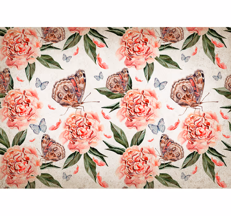 Fotomurais flores borboletas e peônias - TenStickers