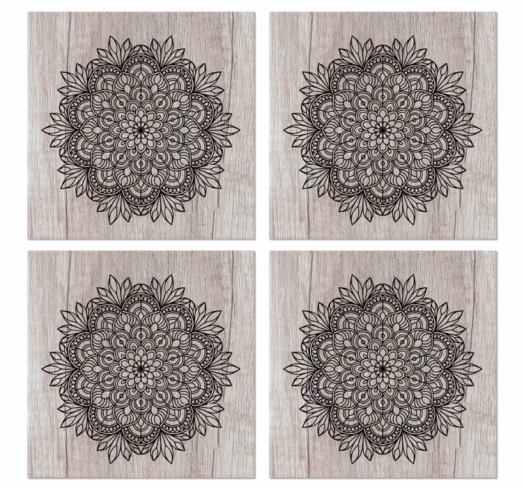 Bases para copos de azulejos Mandala preta na madeira - TenStickers