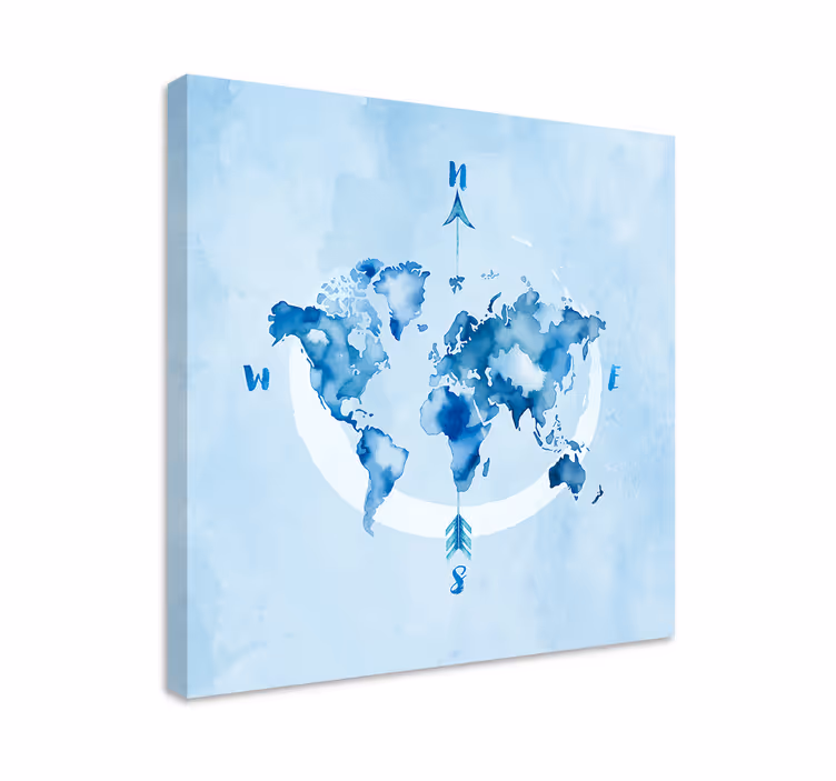 Quadro azul mapa-múndi aquarela azul - TenStickers