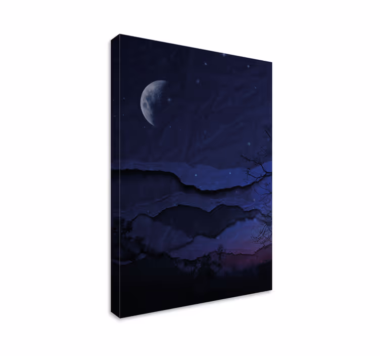 Quadro azul paisagem noturna original com lua - TenStickers
