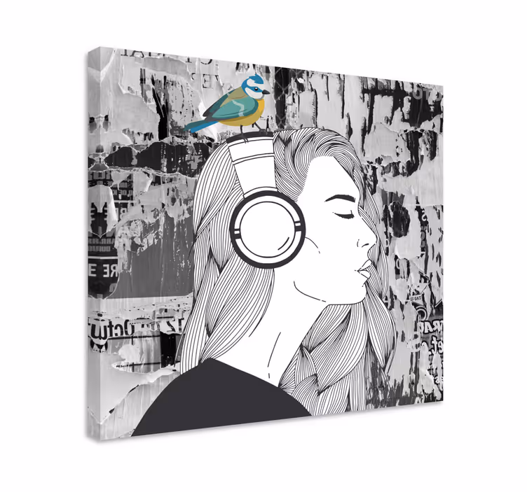 Quadro de arte Mulher com fones de ouvido e pássaro - TenStickers