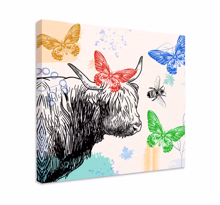 Quadro animais vaca das terras altas e borboletas - TenStickers