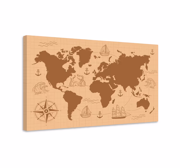 Quadro mapa mundi Marrom com bússola - TenStickers