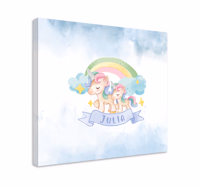 Quadro com nome Unicórnios felizes sobre um arco-íris - TenStickers