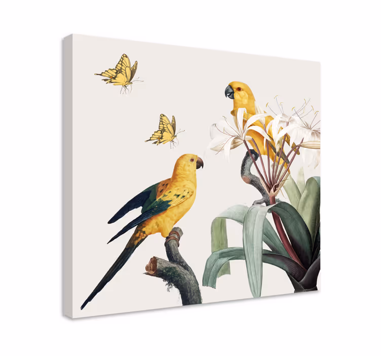 Quadro de flores com papagaios amarelos e borboletas - TenStickers