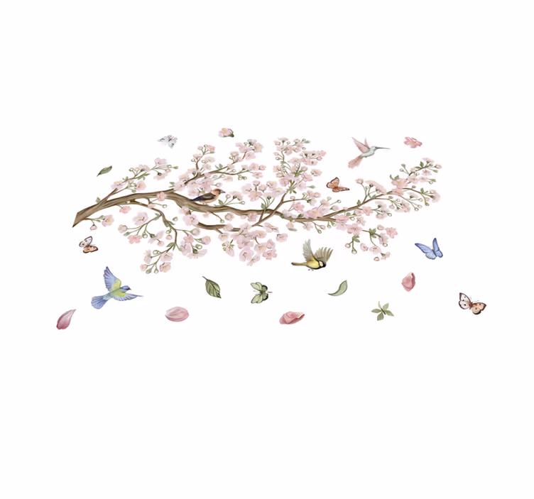 Tapete vinílico flores e plantas flores de cerejeira com pássaros - TenStickers