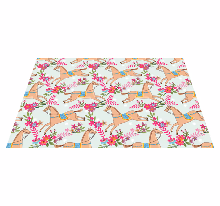 Tapete vinílico de animais padrão cavalo flores rosas - TenStickers