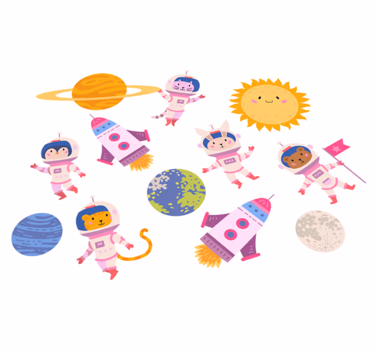 Tapete vinílico de animais astronautas com foguete - TenStickers