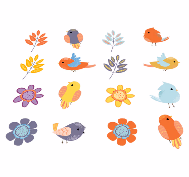 Tapete vinílico flores e plantas set de pássaros primavera - TenStickers