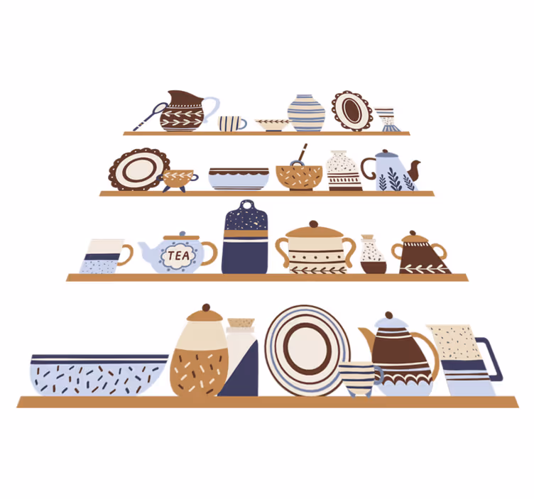 Tapete vinílico cozinha com prateleiras de louças - TenStickers
