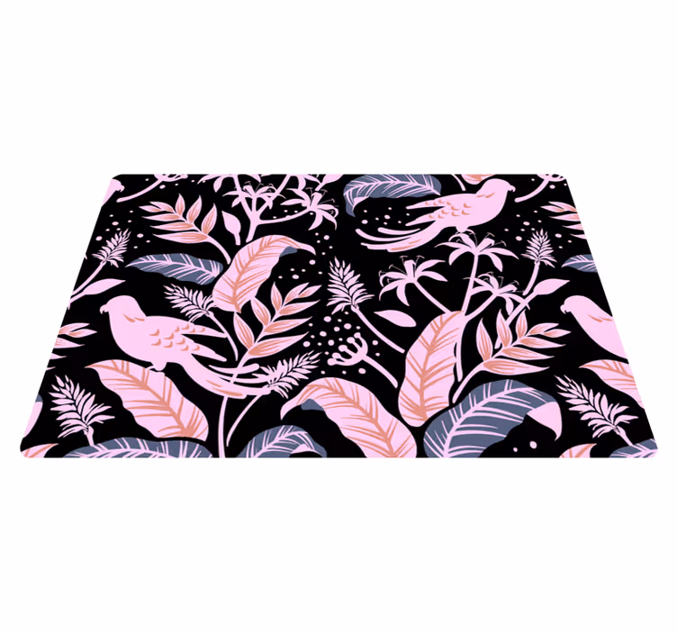 Tapete vinílico flores e plantas com pássaros rosa e pretos - TenStickers