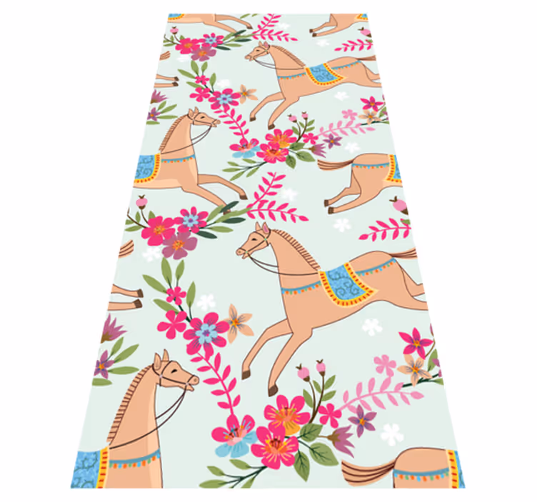 Tapete vinílico quarto padrão de flores rosas e cavalos - TenStickers