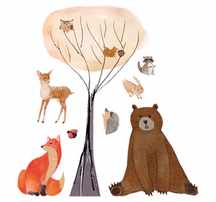 Tapete vinílico infantis animais da floresta e árvore - TenStickers