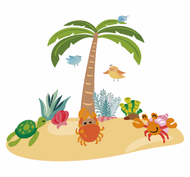 Tapete vinílico infantis palmeiras e animais marinhos - TenStickers