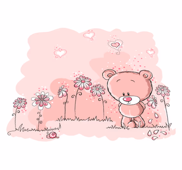 Tapete vinílico infantis urso rosa e flores - TenStickers