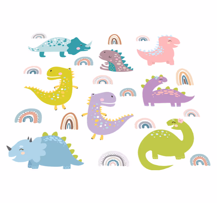 Tapete vinílico quarto dinossauros nórdicos com arco-íris - TenStickers