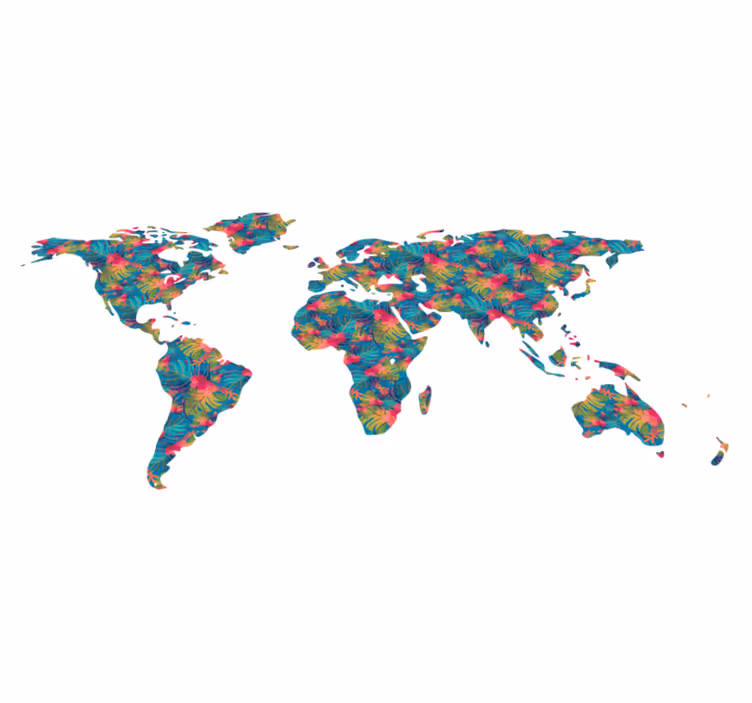 Tapete vinílico de mapa mundial folhas tropicais coloridas - TenStickers