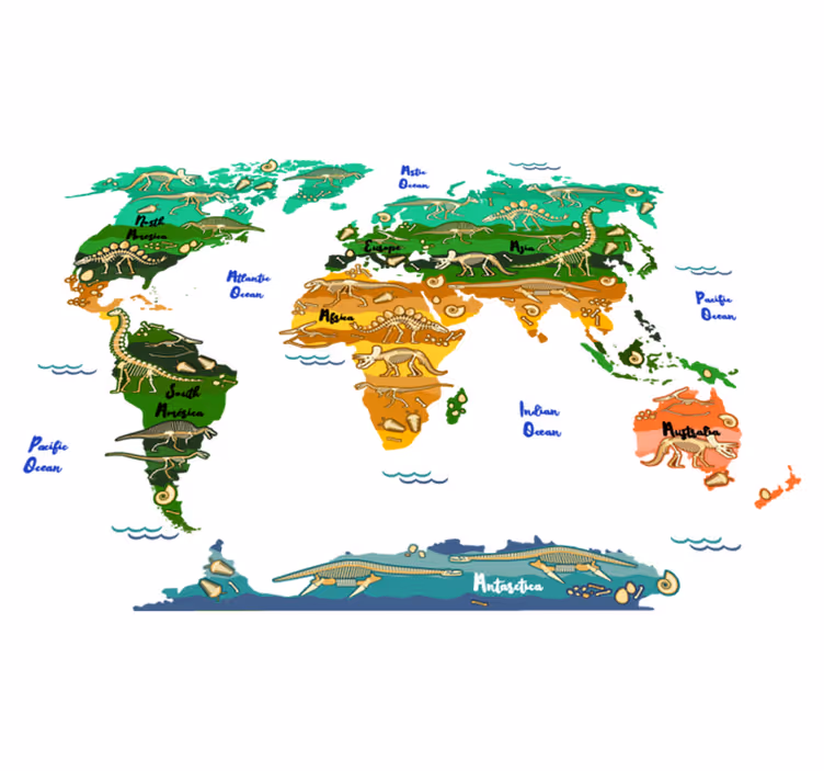 Tapete vinílico de mapa mundial com dinossauros em inglês - TenStickers